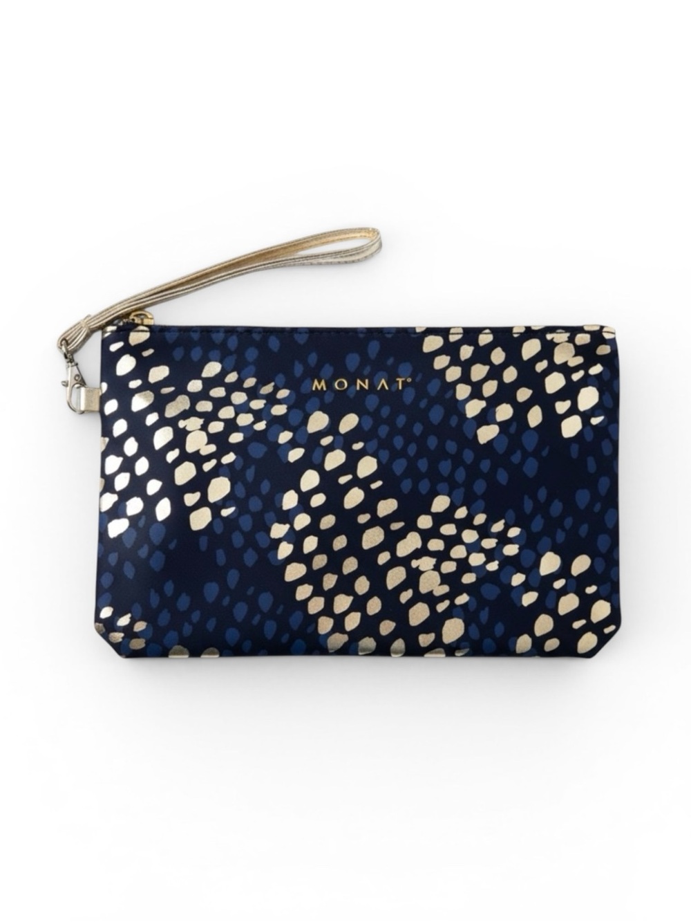 MONAT Wristlet Clutch Bag Navy Metallic Gold Dot Zip Pouch OS